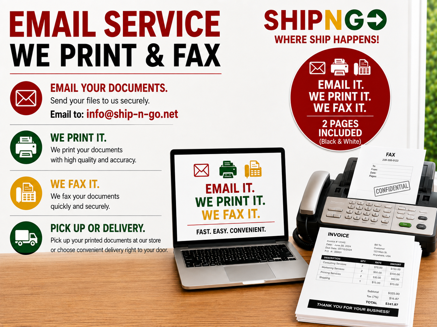 Email to Print & Fax Service - Black & White (Includes 2 pages)