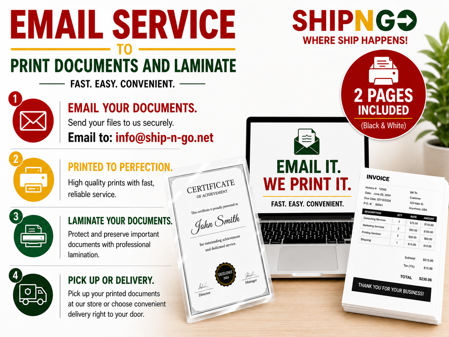 Email to Print + Laminate Service - Black & White (Includes 2 pages)